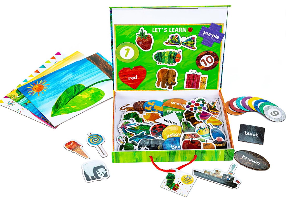 World of Eric Carle The Very Hungry Caterpillar Montessori Ensemble magnétique en bois avec boîte de rangement – Aide à apprendre les couleurs, les formes, les animaux