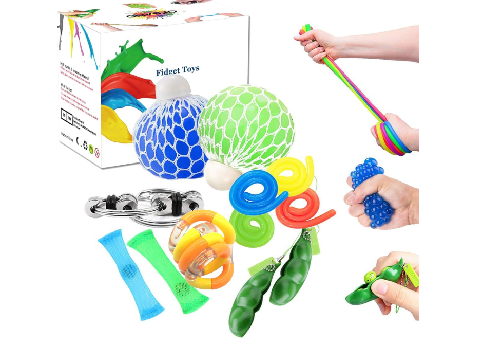 Lot de 12 jouets sensoriels pour adultes et enfants, balles en maille, chaîne flippy, cordes extensibles, jouets anti-stress au soja, jouets torsadés
