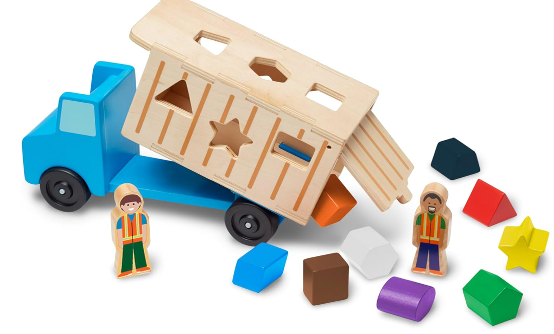 Camion à benne en bois avec tri des formes (artisanat de qualité, 9 formes colorées et 2 figurines)